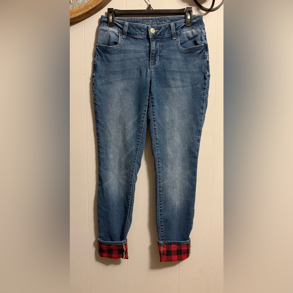 Maurices Blue Skinny Jeans with Red Plaid Cuffs